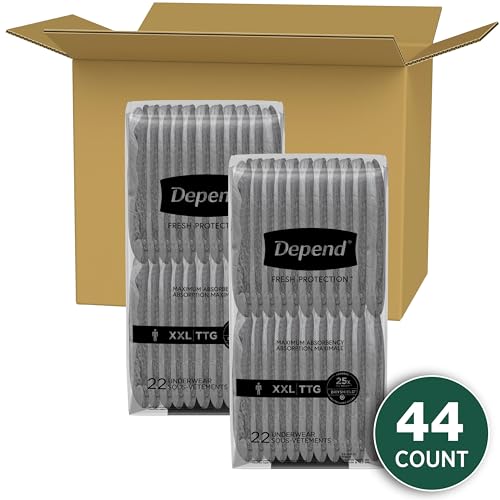 Depend Fresh Protection Adult Incontinence Underwear for Men, Disposable, Maximum, Extra-Extra-Large, Grey, 44 Count (2 Packs of 22), Packaging May Vary