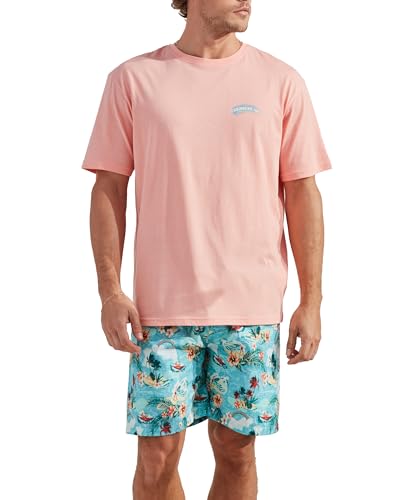 CARIBBEAN JOE Men's Sleep Set, Palm Island Shorts and Coral Crew Neck T-Shirt Pajamas, Lightweight Novelty PJs