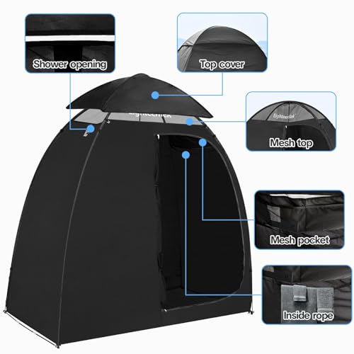 EighteenTek Camping Shower Tent Changing Room with Fixed Floor 2 Rooms and Doors Outdoor Pop Up Camping Toilet Portable Privacy Dressing Shelter with Carry Bag 83"x43"x80" (2 Rooms+1 Door)