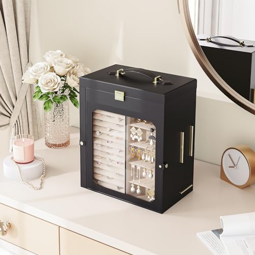 HOOBRO Jewelry Box with Mirror, Travel Jewelry Organizer with Glass Window, Vertical Storage, Christmas Gift, Gift for Loved Ones, for Earrings, Rings, Necklaces, Bracelets, Black BK03JB04G2