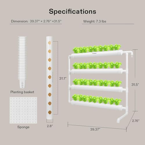 VIVOSUN Wall-Mounted Hydroponic Grow Kit, 1 Layers 36 Plant Sites 4 Food-Grade PVC-U Pipes Hydroponics Planting System with Water Pump, Pump Timer, Nest Basket and Sponge for Leafy Vegetables