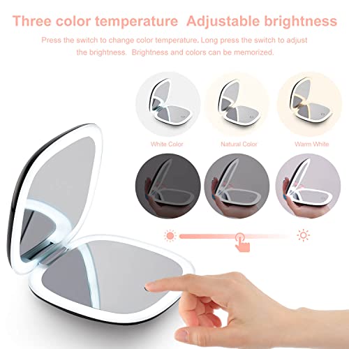 Compact LED Magnifying Travel Makeup-Mirror - 4 inches 1X/10X Magnification Small Hand Pocket Dimmable Double Sided USB Rechargeable Touch Screen, Portable Tabletop Cosmetic (Black)