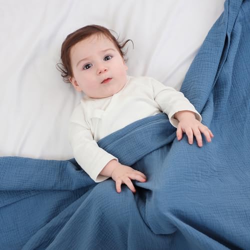 DaysU Muslin Baby Swaddle Blanket, Cotton Swaddling Blankets for Baby Boy and Girl, Nursery Skin-Friendly Baby Receiving Blanket for Newborns, Breathable Swaddle Wrap 2 Pack, 47”x47”-Blue+Oatmeal