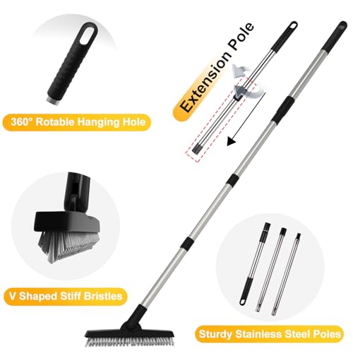 ITTAHO 2 Pack Grout Brush with Long Handle, Swivel Cleaning Grout Line Scrubber - Extendable Durable Handle Grout Cleaner Brush for Bathroom,Tile,Baseboard,Walk in Shower,Corner & Narrow Space (Black)