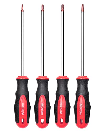 ROTATION 4PCS Magnetic Tip Torx Screwdriver Set, 4 Torx Star Screwdrivers, T20, T25, T27, T30, Red Tip | Red, Gloss, S2 Steel