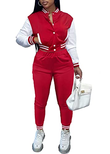 KELOVEPAN Casual Sweatsuits Women 2 Piece Sets Long Sleeve Patchwork Button Down Bomber Varsity Jackets Pants Set Sexy Black S