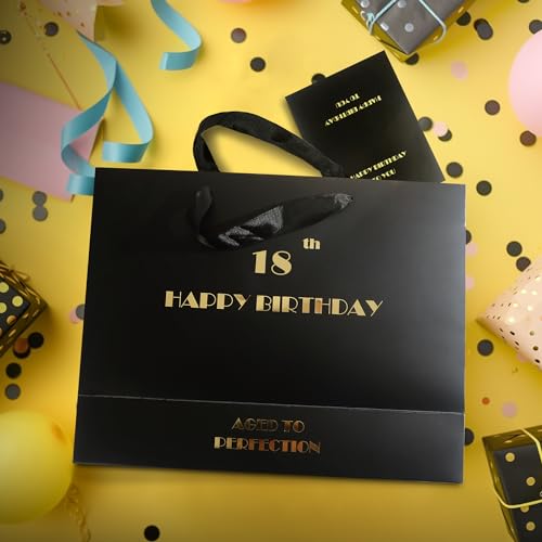 16th Birthday Gift Bag, Black Gold 16h Birthday Bag with Tissue Paper and Greeting Card for Birthday Party, Happy 16th Bithday Gift Bags for Men Women, 12.6" Medium 16th Gift Bags