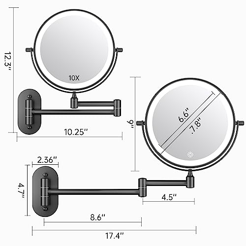 FASCINATE Rechargeable Wall Mounted Lighted Vanity Mirror 8 Inch 1X/10X Magnifying Makeup Mirror with 3 Color Lights, Double Sided Dimmable, 360 Degree Screen Touch,Bathroom Shaving Mirror (Black)