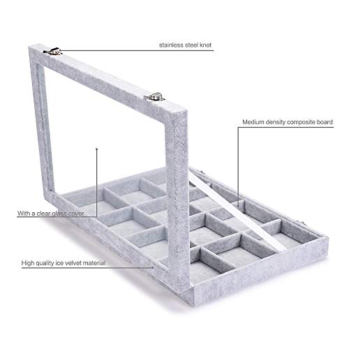 Wudygirl Velvet Jewelry Organizer 2 Layer Jewelry Box Rings Earrings Necklace Organizer Tray Stackable Grid Removable Case Clear Lid（2 Layer）