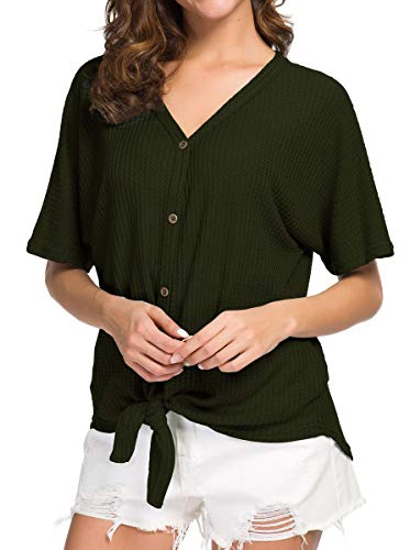 IWOLLENCE Womens Waffle Knit Tunic Blouse Tie Knot Short Sleeve Henley Tops Loose Fitting Bat Wing Shirts White, L