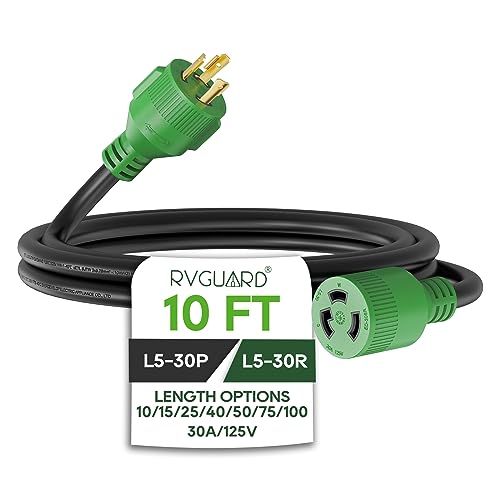 RVGUARD 3 Prong 30 Amp 10 Foot Generator Extension Cord, NEMA L5-30P/L5-30R 125V 10 Gauge SJTW Generator Power Cord, ETL Listed