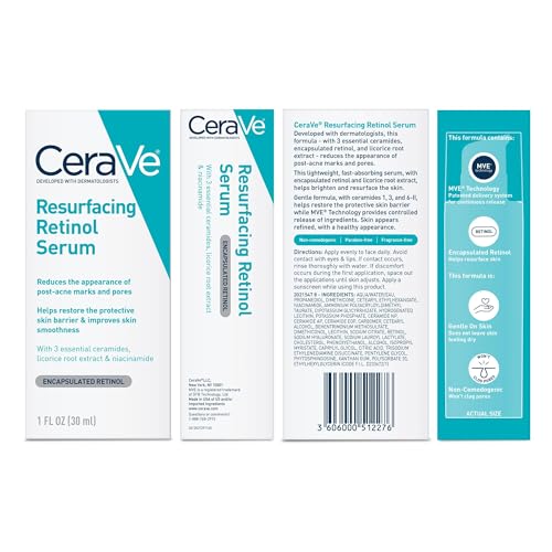 CeraVe Retinol Serum for Post-Acne Marks and Skin Texture | Pore Refining, Resurfacing, Brightening Facial Serum with Retinol and Niacinamide | Fragrance Free, Paraben Free & Non-Comedogenic| 1 Oz