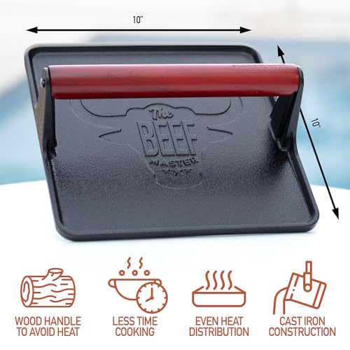Cast Iron Grill Press - 8 x 4 Inch, 2.6 lb Griddle Press with Cool-Touch Wood Handle - Pre-seasoned for Steak, Burgers, Sandwiches, and Paninis – Non-Stick Grill Weight