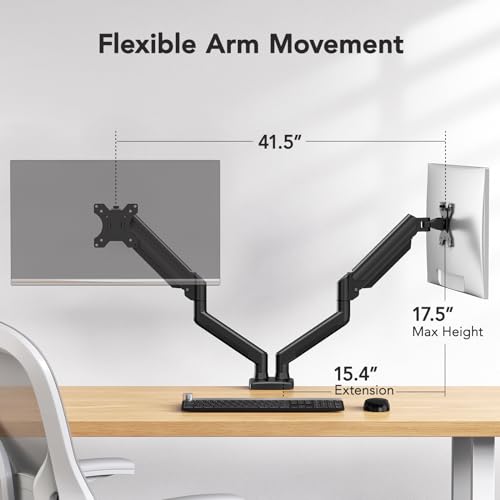 HUANUO Dual Monitor Mount for 2 Monitors up to 32 inches, Each Arm Holds Max 22lbs, Dual Monitor Stand with Gas Spring System, Height-Adjustable/Tilt/Swivel/Rotate, VESA Standard 75mm or 100mm