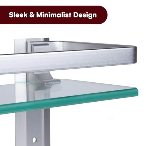 Vdomus Glass Bathroom Shelf with Hand Towel Bar, Rectangular Wall Mounted Bathroom Shelf Storage Extra Thick Tempered Glass, 15.2x4.5 inches with Brushed Silver Finish