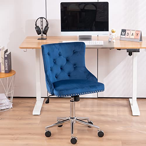 VINGLI Navy Blue Velvet Armless Home Office Desk Chair with Gold Base/Wheels, Cute Vanity/Makeup Chair with Back for Bedroom, Upholstered Adjustable Rolling Swivel Nail Chair for Women/Girls