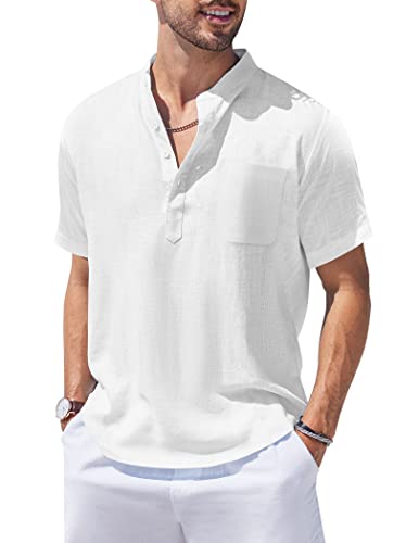 COOFANDY Men's Cotton Linen Henley Shirt Short Sleeve Striped Casual Beach T-Shirts Banded Collar Beach Tops