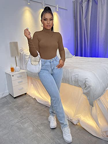 SweatyRocks Women's Long Sleeve Turtleneck Ribbed Knit Pullover Sweater Top Plain Brown S