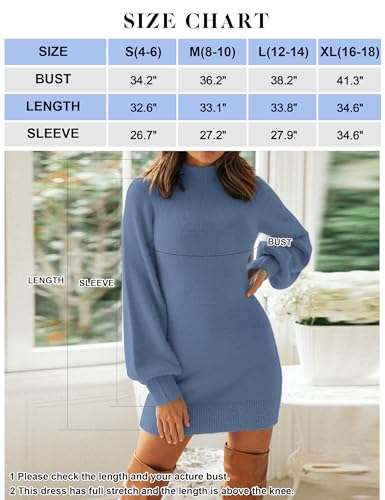 ZESICA Women's 2024 Casual Turtleneck Long Puff Sleeve Soft Fuzzy Knit Bodycon Pullover Mini Sweater Dress,Tomato,Large