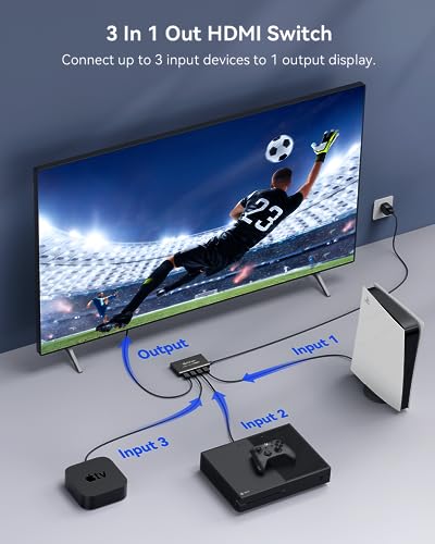 HDMI Switch 3 in 1 Out 4K@60Hz, GANA HDMI Splitter Switcher with Remote, Aluminum HDMI 2.0 Switch Box Hub for 3D, HDCP2.2, HDR, Compatible with Xbox, PS5/4/3,Fire Stick,Roku,Blu-Ray Player, Black