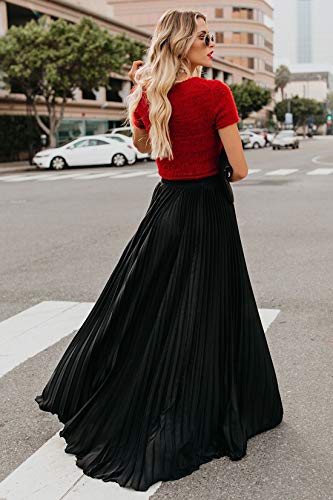 ebossy Women's High Waist Flowy Pleated Chiffon Maxi Skirt (XX-Large, Red)