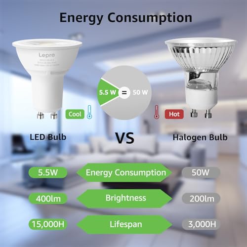 Lepro GU10 LED Bulb Dimmable, 50W Halogen Equivalent Light Bulbs, 5.5W 3000K Soft Warm Light Replacement for Recessed Track Lighting,40°Spotlight for Kitchen Range Hood Living Room & Bedroom, 6 Pack
