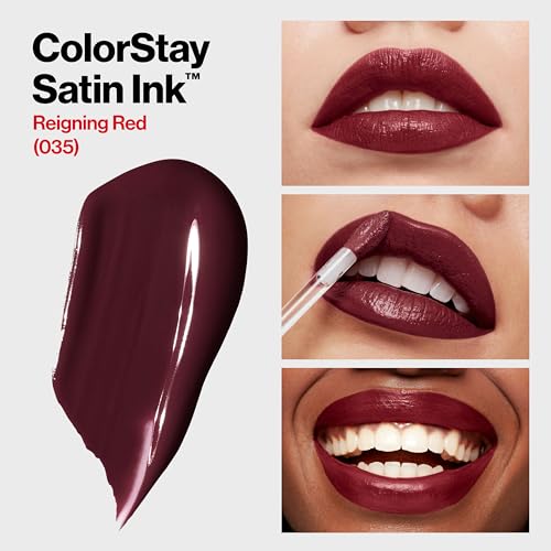 REVLON ColorStay Satin Ink Crown Jewels Liquid Lipstick, Longlasting & Waterproof Lipcolor, Moisturizing Creamy Formula Infused with Black Currant Seed Oil, 035 Reigning Red, 0.17 fl oz.