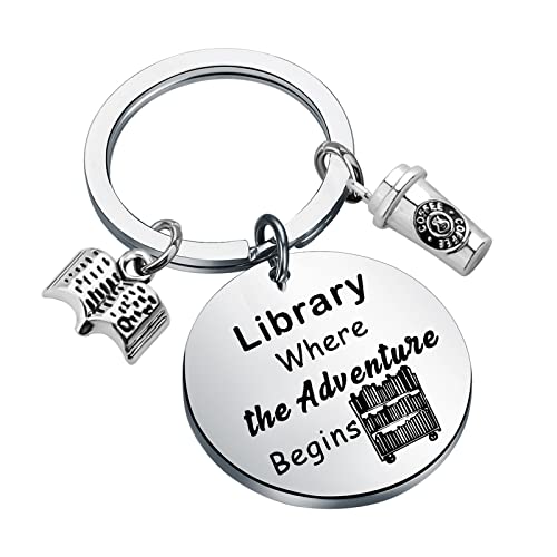 FEELMEM Library Where the Adventure Begins Keychain Librarian Gifts Bookworm Jewelry Reading Book Club Keychain Librarian Gift Reading Lover Gift (Library Where-ky)