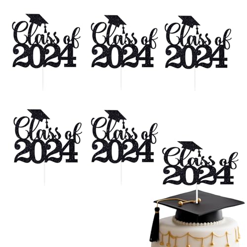 Class of 2024 Cake Topper 6Pcs Glitter Congrats Grad 2024 Congrats Graduation Party Decorations Supplies, Black