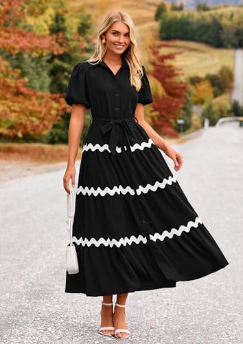 PRETTYGARDEN Women's Summer Maxi Dress Button Down Puff Short Sleeve Ruffle Casual Elegant Long Flowy Shirt Dresses with Belt (Black,Small)