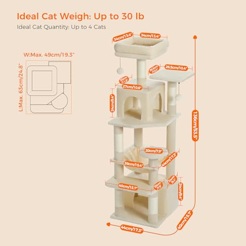 PAWZ Road Cat Tree, 53.5 Inches Tall Cat Tower with Spacious Hammocks, Condos and Scratching Posts, Cat House with Dual Padded Perches for Indoor Large Cats-Beige