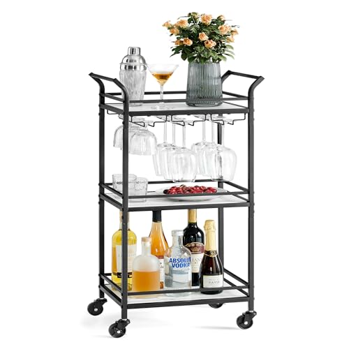 VASAGLE Bar Cart, Home Bar Serving Cart, Small Bar Cart with 3-Tier Shelf, Wine Holders, Glass Holders, Mini Bar Cart for Small Spaces, Kitchen, Dining Room, Living Room, Ink Black