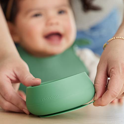 NumNum Suction Bowl + Pre-Spoon GOOtensils Self Feeding Set for Babies & Toddlers | Baby Spoon Set (Stage 1+ 2) | 100% Food Grade Silicone BPA-Free | Strong Suction | 4 months+ (Blue/Glacier Green)