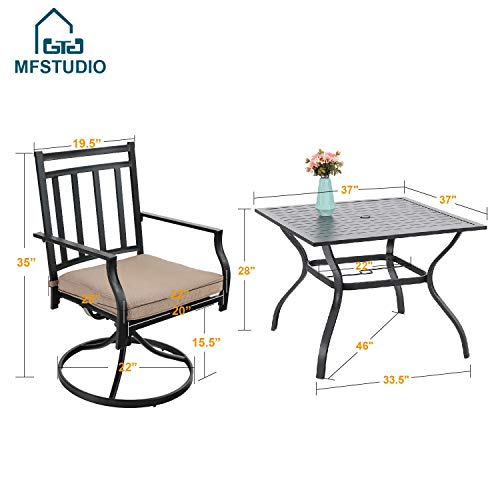 MFSTUDIO 5 PCS Metal Outdoor Patio Furniture Dining Set, 4 Metal Swivel Chairs and Square Dining Table with Umbrella Hole, Black