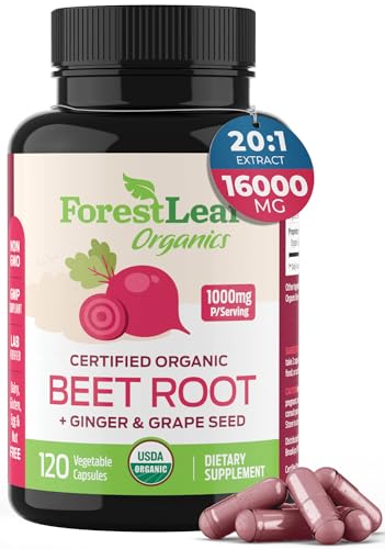 ForestLeaf Organic Beet Root Capsules - with Ginger & Grape Seed 16000mg Strength 20:1 Extract, Supports Nitric Oxide Production, Beets Supplements with Organic Non-GMO Beetroot Powder 120 Veggie Caps