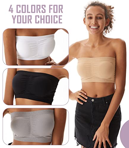 PUREMSX Padded Tube Bra Women, Strapless Bandeau Basic Breathable Wireless Spandex Stretch Sleep Bando Bra,Small,2 Pack,Black,Beige