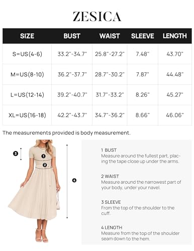 ZESICA Womens Summer Short Sleeve Midi Dresses Spring Casual Crew Neck Knit Belted Pleated A Line Flowy Wedding Guest Dress,Apricot,Small