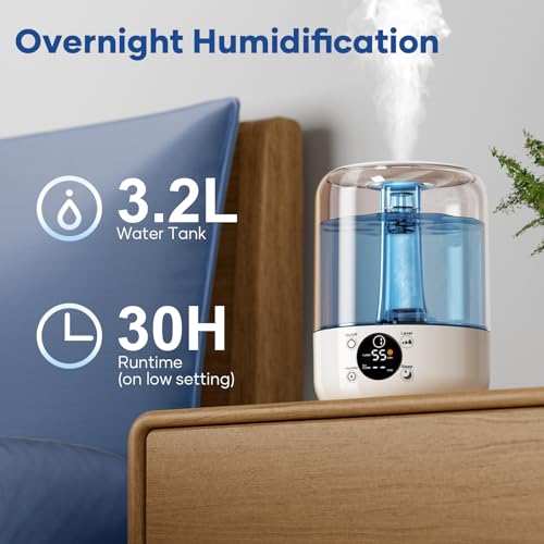 HiLIFE Humidifiers for Bedroom, 3 Times Fog Coverage, 3.2L Ultrasonic Cool Mist Humidifiers for Home Baby Nursery & Plants, Top Fill Air Humidifier Lasts Up to 35 Hours, Auto Shut-Off