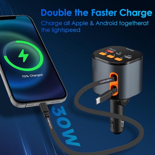 MQOUNY Retractable Car Charger,5 in 1 Fast Car Phone Charger 90W,Bluetooth 5.3 FM Transmitter Adapter,Handsfree Call Car Charger,2 Retractable Cables and USB Car Charger for iPhone 15/14/13