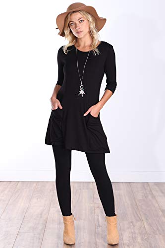 Popana Womens 3/4 Sleeve Tunic Top with Pockets for Leggings Made in USA Medium Black