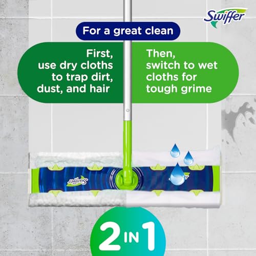 Swiffer Sweep + Mop XL, Broom & Mop Alternative, Floor Cleaner for Dirt, Dust, Hair, All Purpose Cleaning Tool for Home, Bathroom, Kitchen, Set Includes 1 XL Sweeper 8 XL Dry Pads 2 XL Wet Pads Fresh