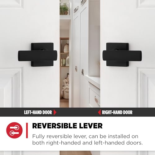 Kwikset Breton Interior Privacy Door Handle with Lock, Door Lever For Bathroom and Bedroom, Matte Black Reversible Keyless Turn Lock, with Microban Protection