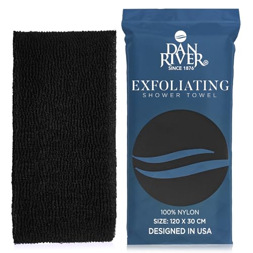 DAN RIVER Exfoliating Towel for Shower - Extra-Large 47x12 Inch 100% Nylon Body Scrubber, Rip-Resistant Washcloth & Back Scrubber for Deep Cleansing | Ultimate Skin Exfoliator for All Skin Types Black