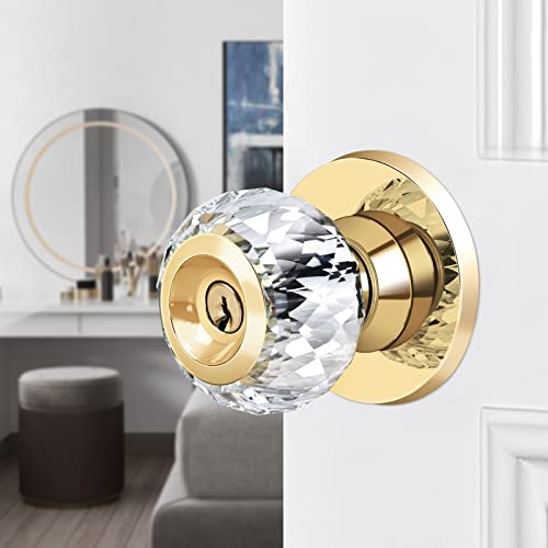 LOQRON Crystal Door Knobs with Lock and Keys with Privacy Lock, Luxurious Diamond Classic Interior Glass Door Knobs for Bedroom Bathroom Gold,1 Pack