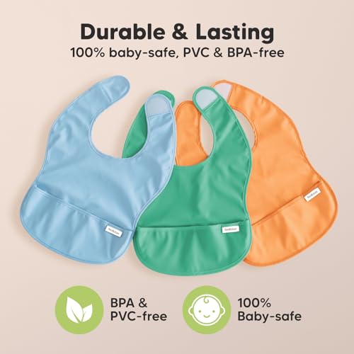 3-Pack Waterproof Baby Bibs for Eating - Lightweight Baby Bib with Food Catcher, Mess Proof Toddler Bibs, Waterproof Bibs for Baby Boys, Baby Girls, Feeding Bibs, Drool Bibs, Baby Food Bibs (Vessels)