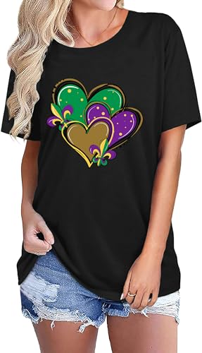 MAIHUN Happy Mardi Gras Shirt Womens Mardi Gras Day Heart Tshirt Tuesday Carnival Tee New Orleans Party Short Sleeve Black