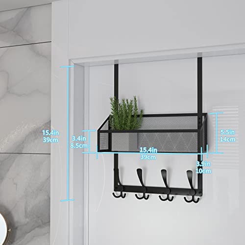 Kaiferty Hooks Organizer, Stainless Steel 12-Hook Over The Door Organizer with Mesh Basket, Bathroom Kitchen Bedroom Office Organizer (Black)