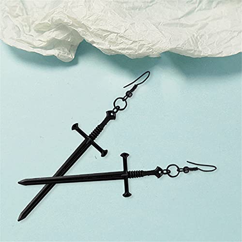 KVANU Unique Handmade Punk Gothic Long Dagger Sword Earrings Personalized Vintage Silver Knife Dangle Drop Earrings for Women Trendy Men Statement (Black)