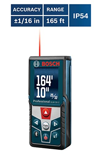 BOSCH GLM 50 C 165 Ft Laser Distance Measure, Includes 2 AAA Batteries, Hand Strap, Target Cards, & Pouch