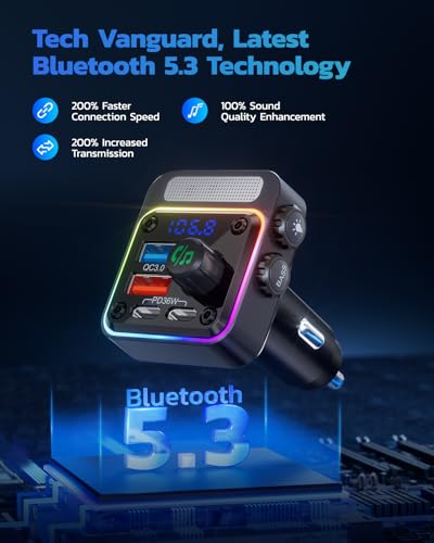 Nulaxy 54W Bluetooth 5.3 Car Adapter with 4 Charging Ports [PD 36W & QC3.0 18W], Wireless Radio FM Transmitter with Deep Bass Player & 5 Colors LED Backlit, Hands-Free Calling - NX16 Black